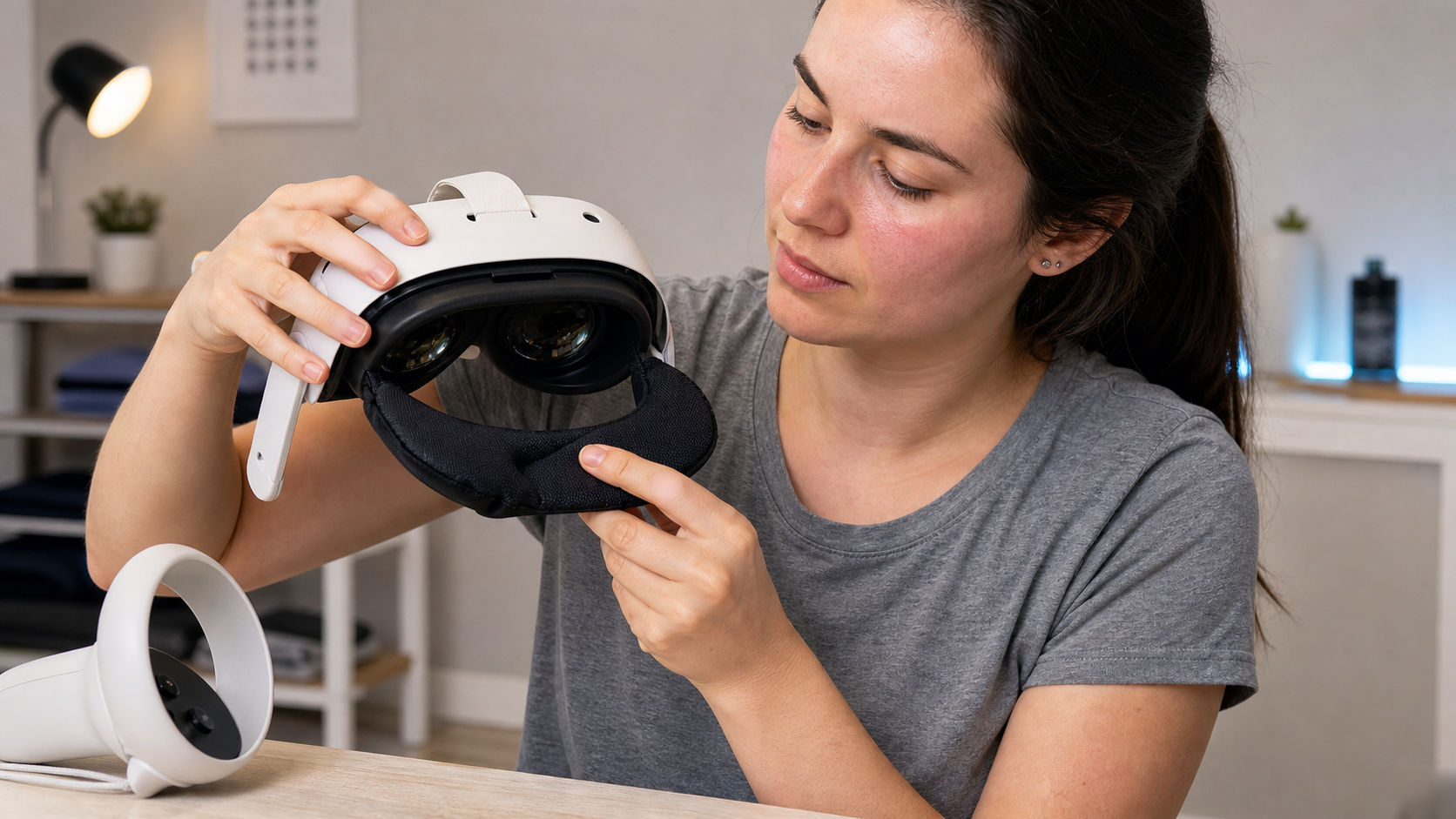 A person with sensitive skin is shown fitting a VR sweat mask under their Meta Quest 2 facial interface.