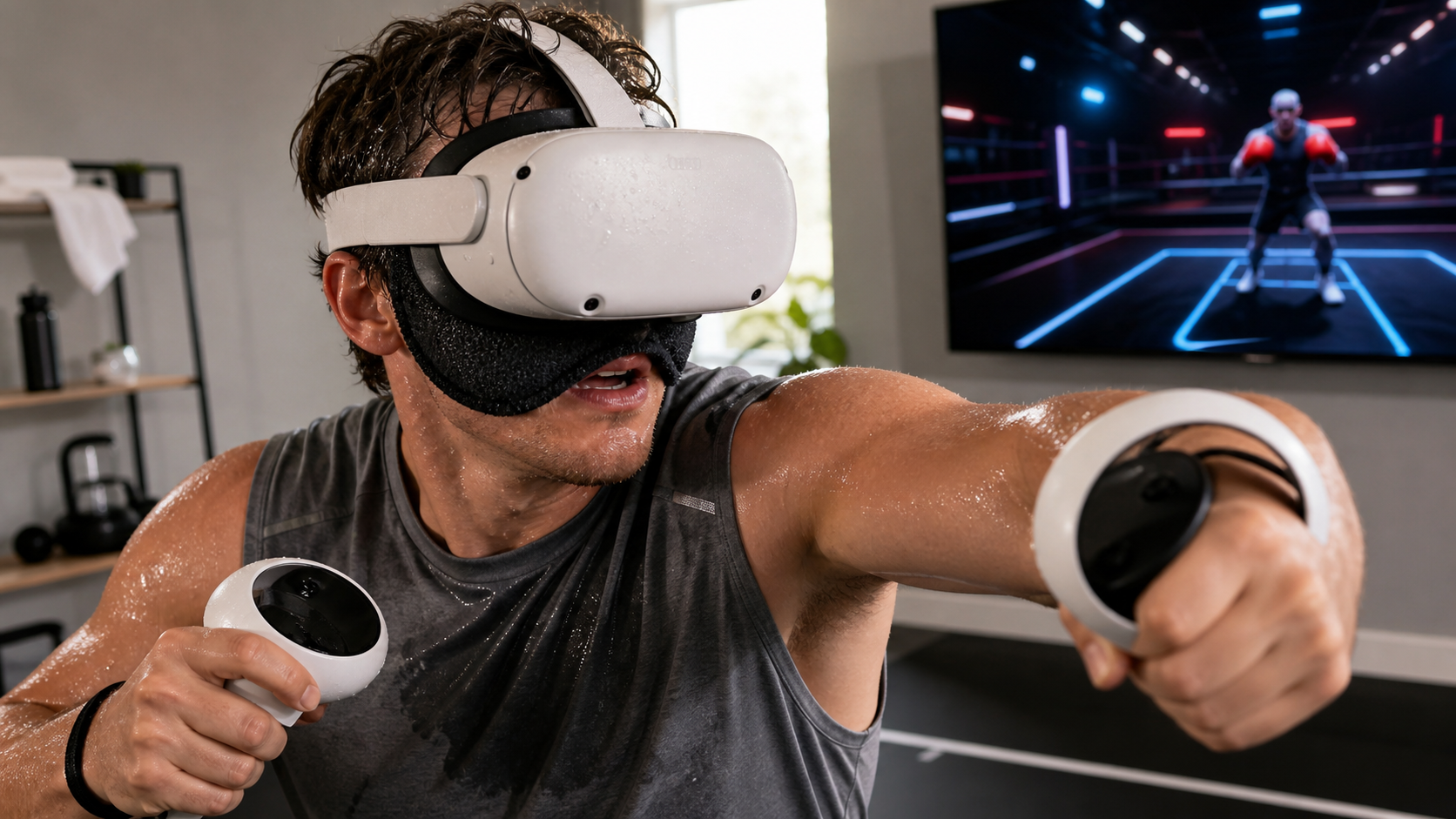 A fitness user is sweating heavily during a VR boxing game while wearing a visibly damp VR sweat mask.