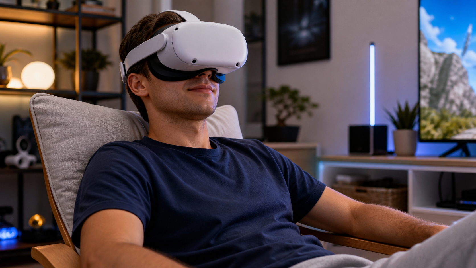 A casual VR user relaxes while wearing a headset, with the soft fabric of a sweat mask providing a comfortable fit.