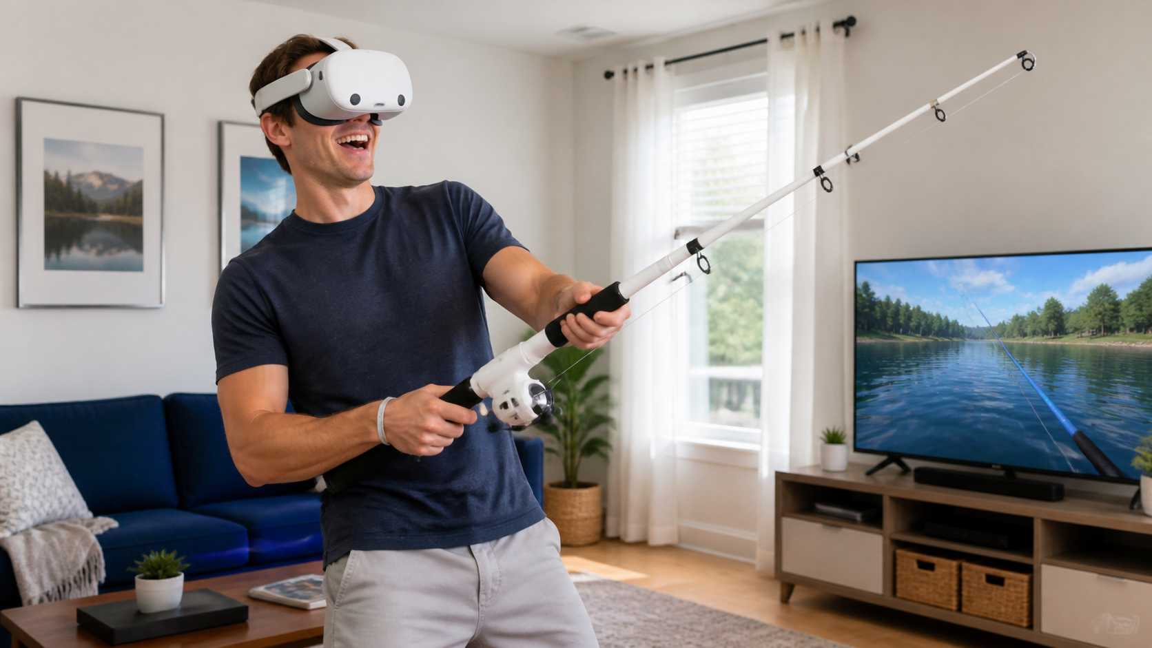 A person wearing a Meta Quest 3S headset happily using a VR fishing rod accessory in a bright living room.