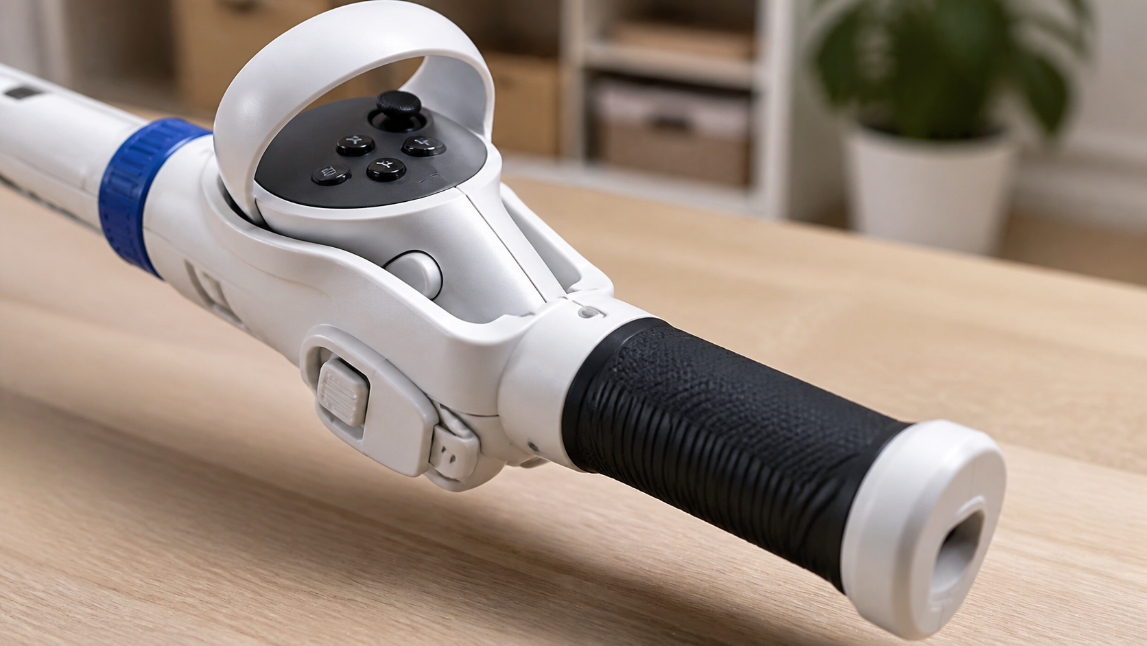 Close-up view of a Meta Quest 3S controller snapped into the VR fishing rod accessory, highlighting the handle.