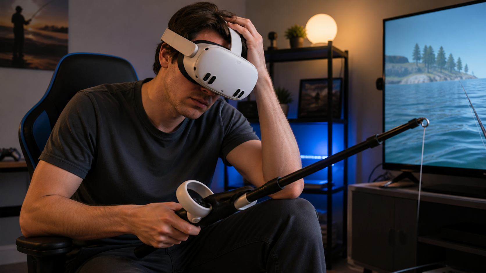 A user looking frustrated while playing a VR fishing game, holding the rod accessory after a long session.