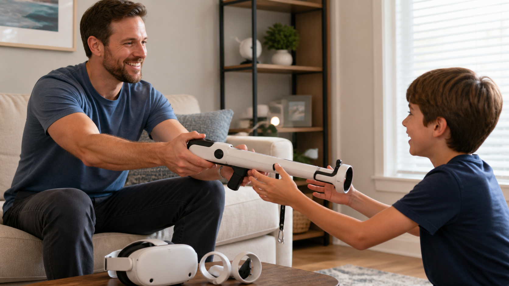 An adult easily handing the VR fishing rod accessory to a child in a family living room setting.