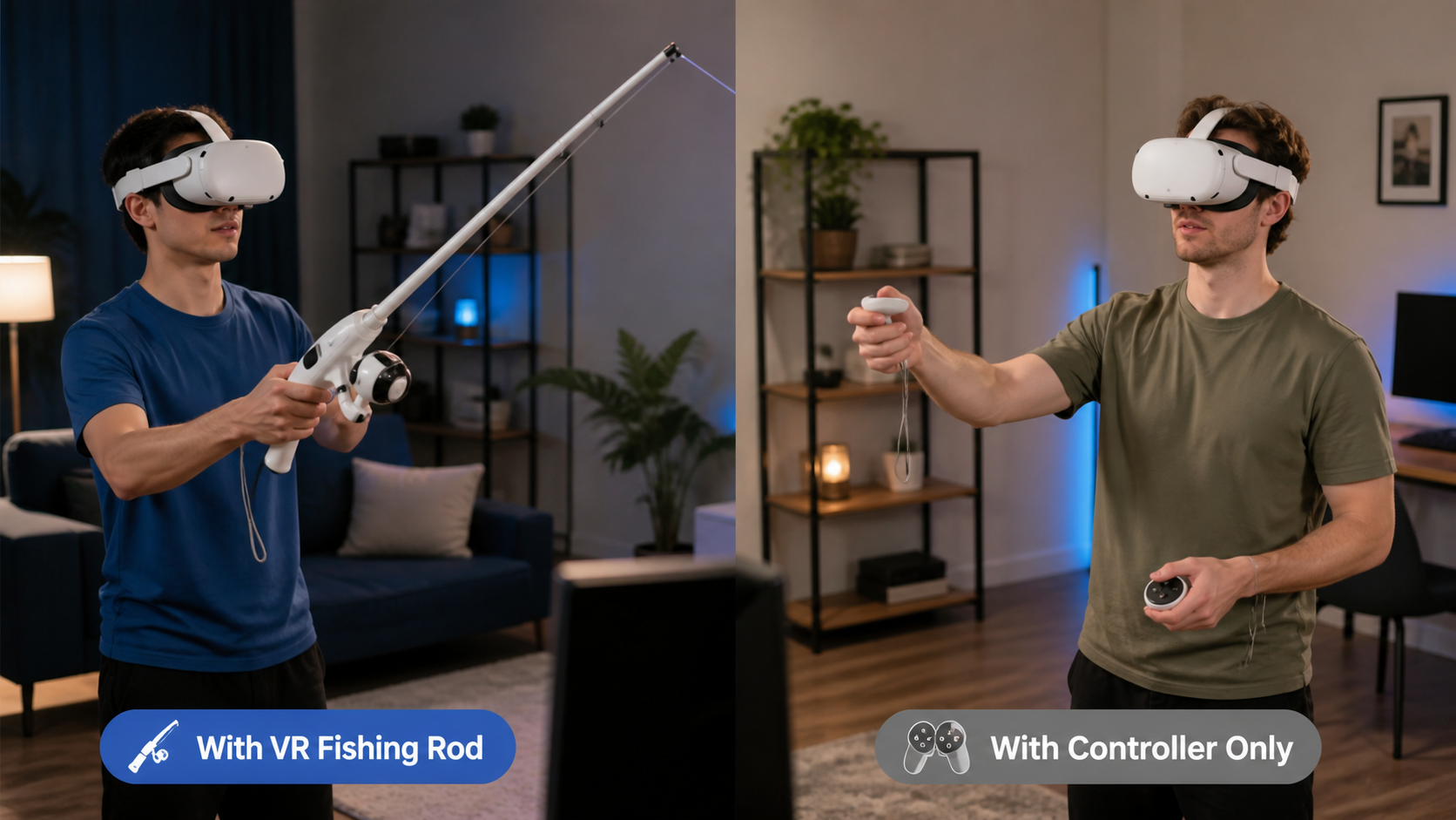 Side-by-side comparison of a person using a VR fishing rod and another just a controller for a fishing game.