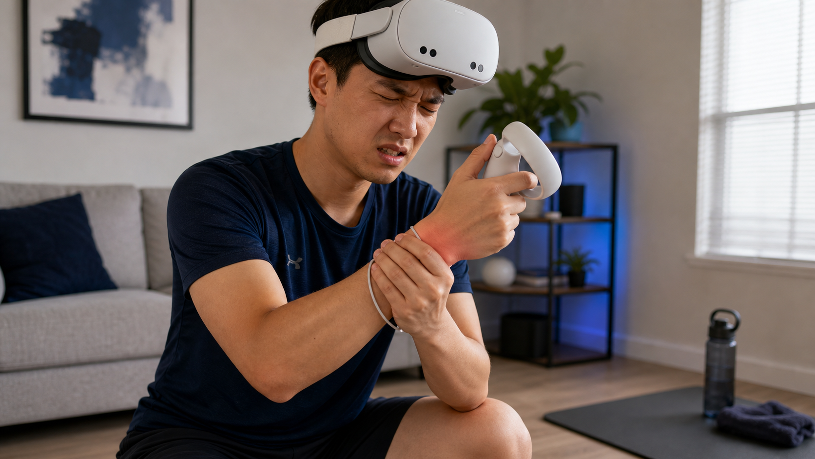 A person in their living room looking at their wrist with a painful expression after a VR fitness session