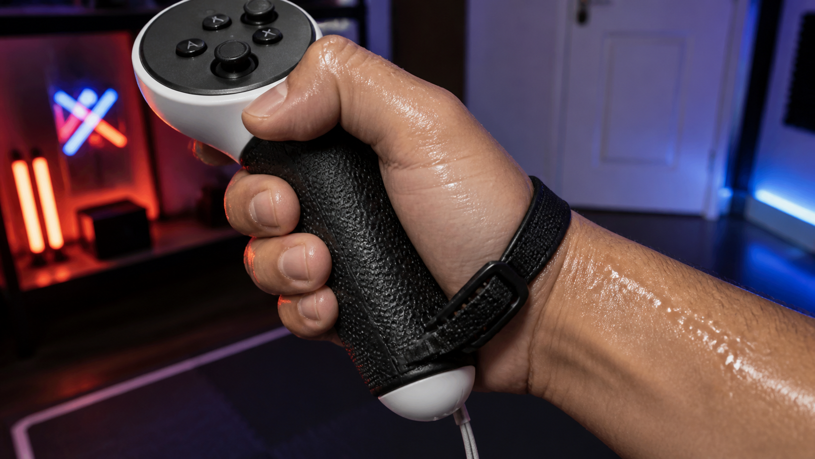 A player's hand covered in sweat firmly holding a VR controller that has a textured silicone grip