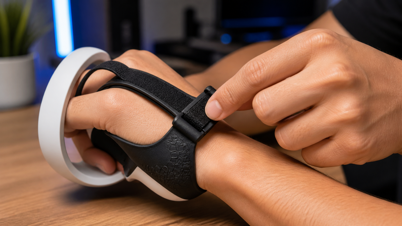 A close-up of a person's hands carefully adjusting the fit of a knuckle strap on a Beat Saber grip