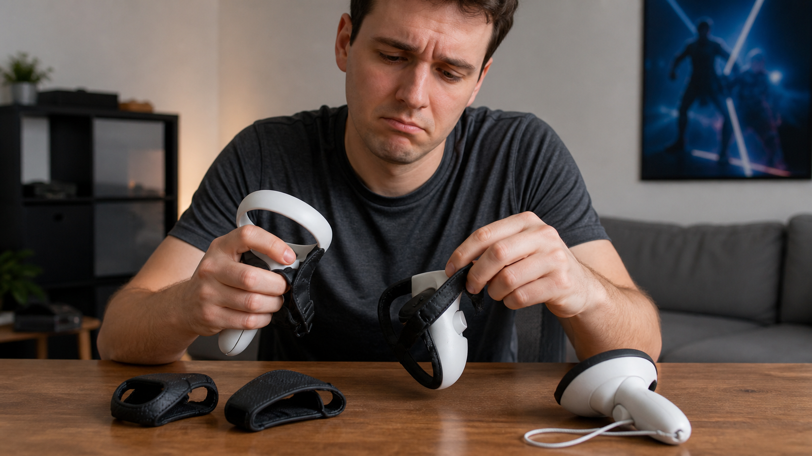 A VR user looking disappointed while removing third-party grips from their controllers on a table