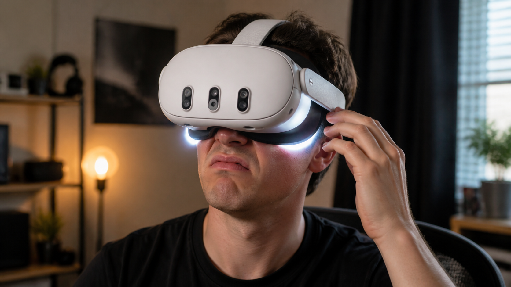 A person wearing a Quest 3 with an open facial interface looks annoyed by light leaking in from the sides.
