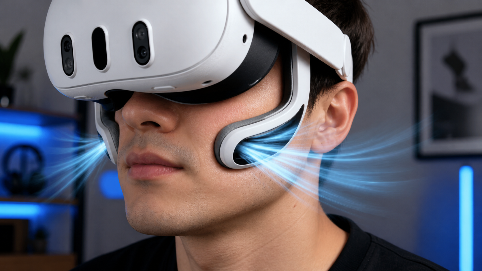 A user's face showing cool air flowing onto their cheeks from the side gaps of an open facial interface.