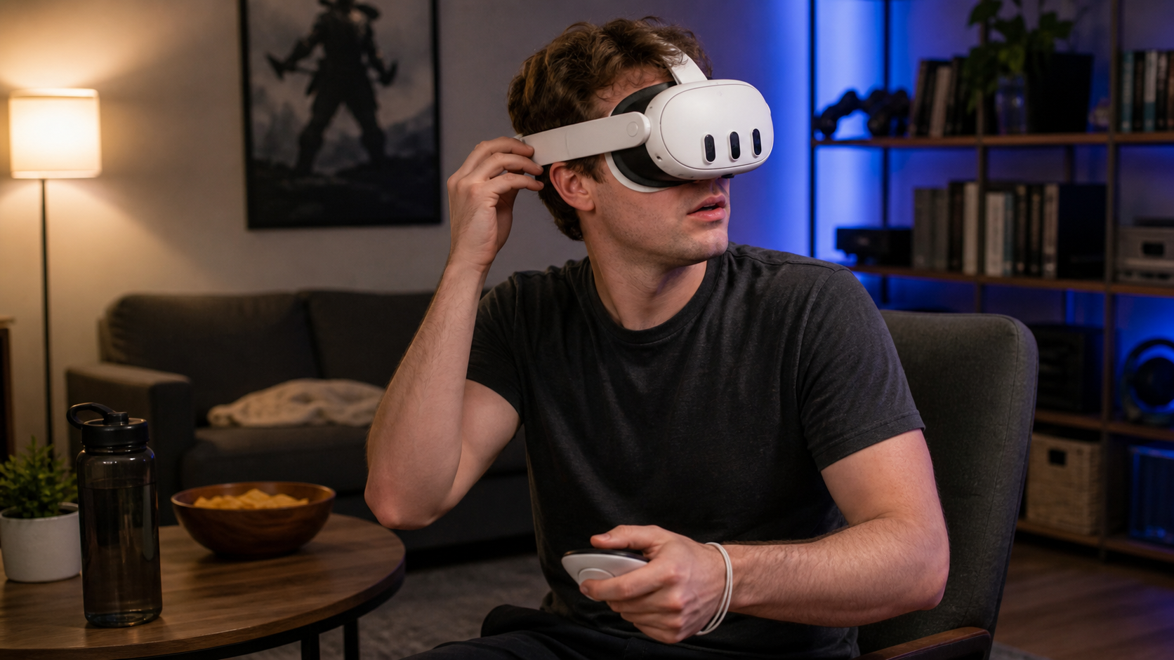 A gamer looking distracted during a long VR session, aware of the room around them due to the open interface.