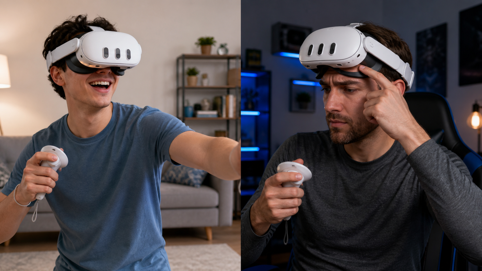 Side-by-side view of a beginner enjoying VR and an experienced player looking critically at the headset's fit.