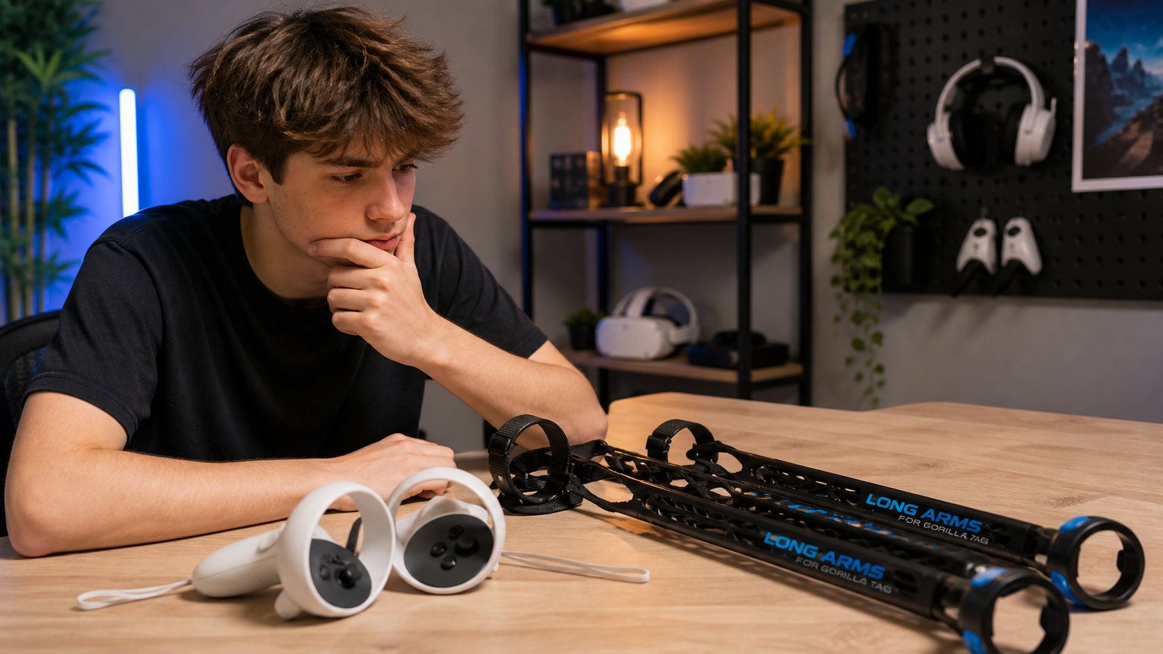 Young player looking at Gorilla Tag Long Arm accessories next to Quest 3 controllers