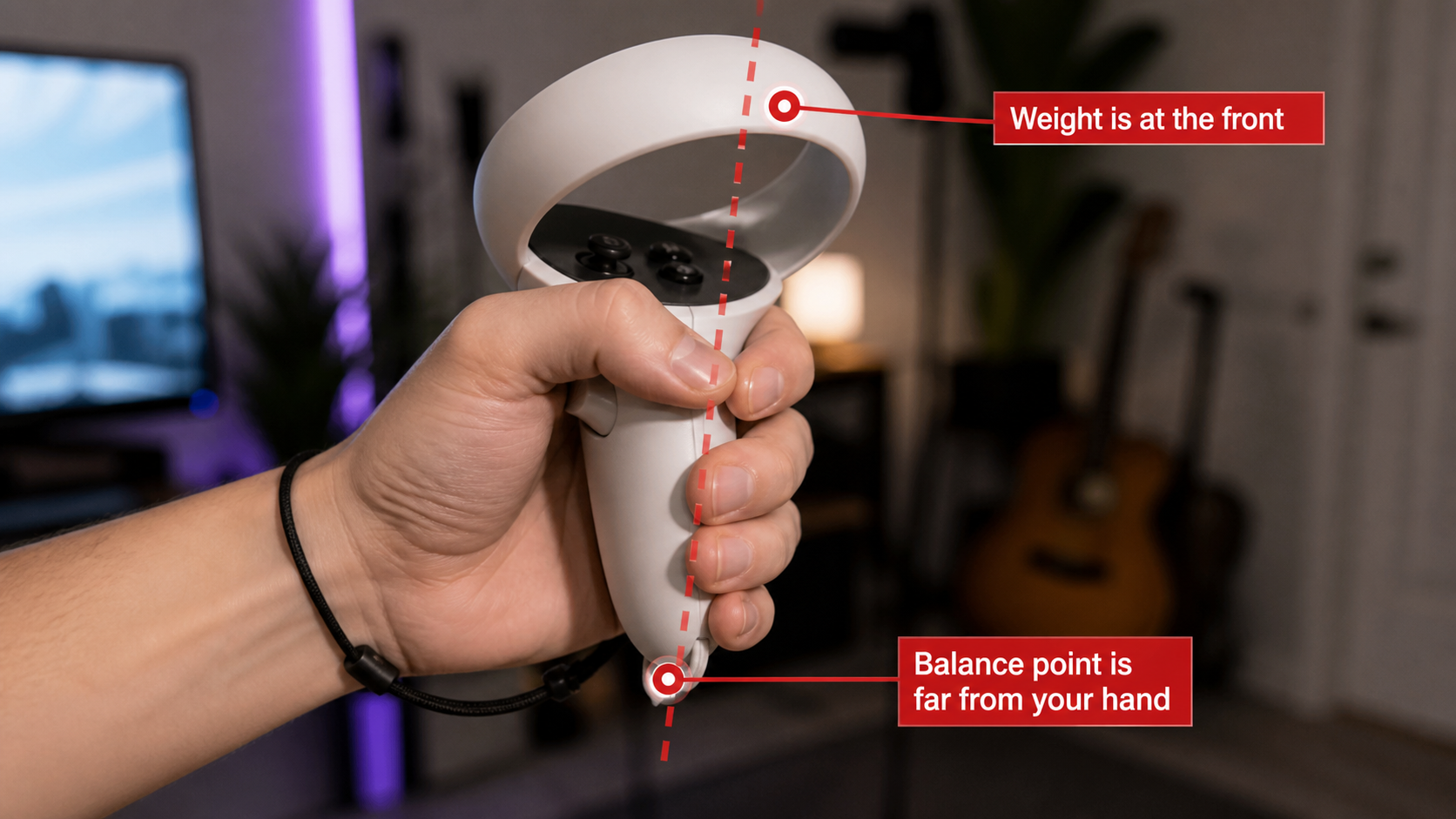 A close-up view showing the unbalanced weight of a Quest 3 controller in hand