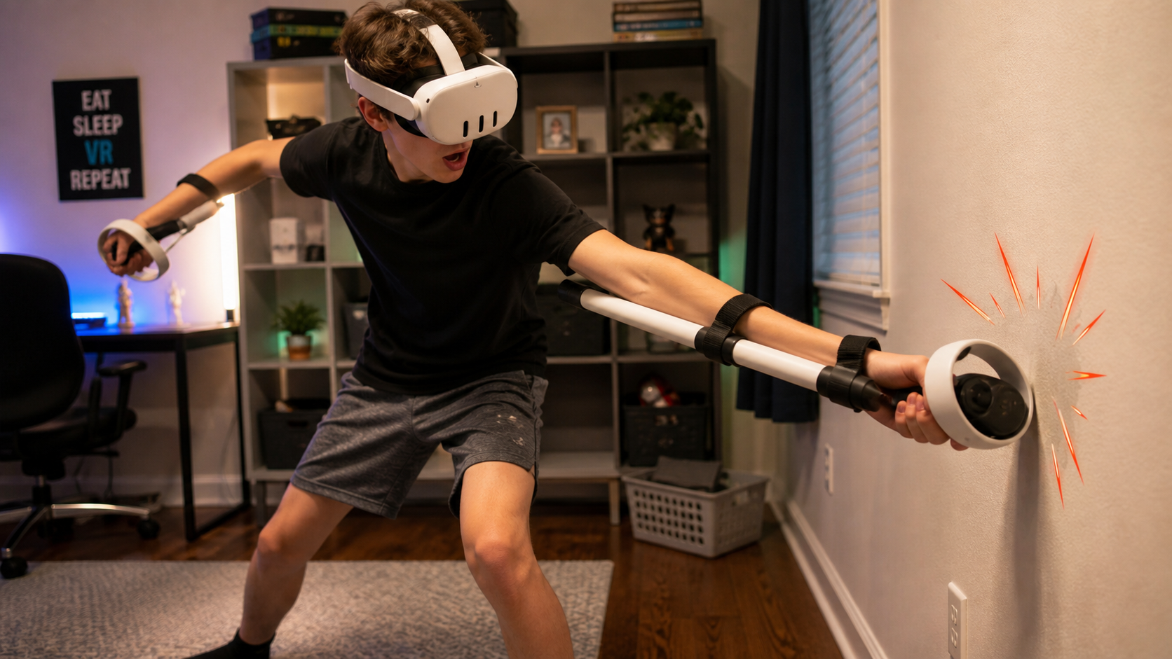 A player in their room using Long Arm accessories and accidentally hitting a nearby wall