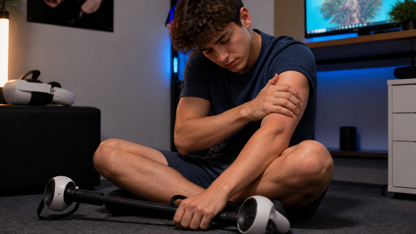 A tired young gamer rubbing their sore arm after a long session with heavy controller accessories