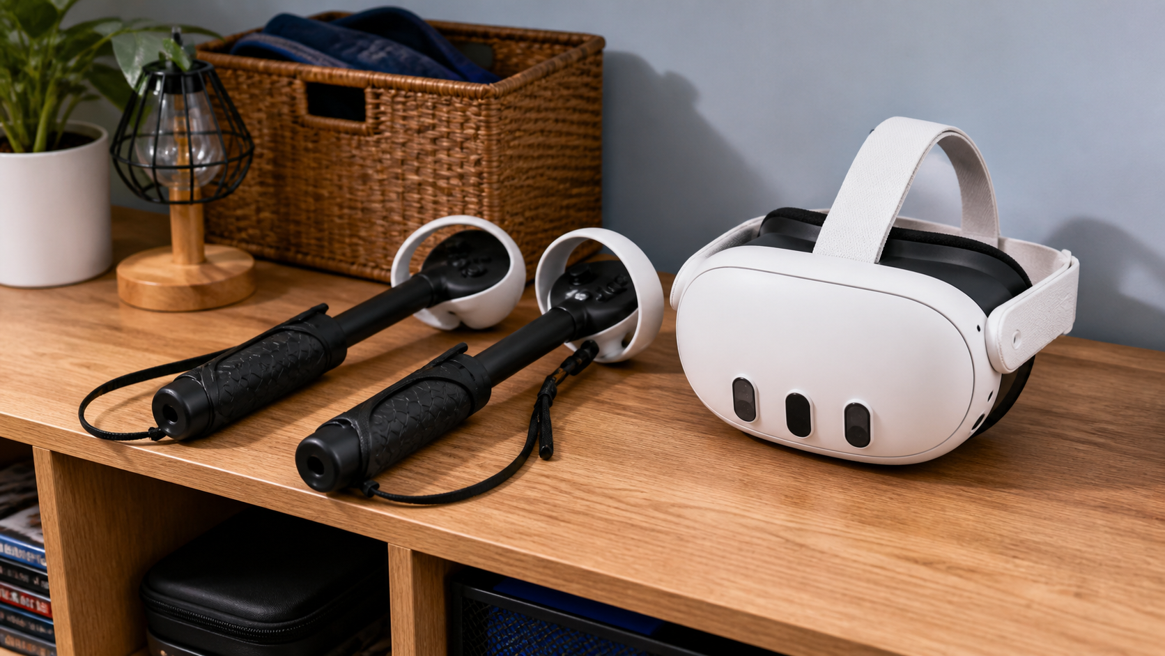 Long Arm accessories stored next to a Quest 3 headset, showing they are used for special occasions