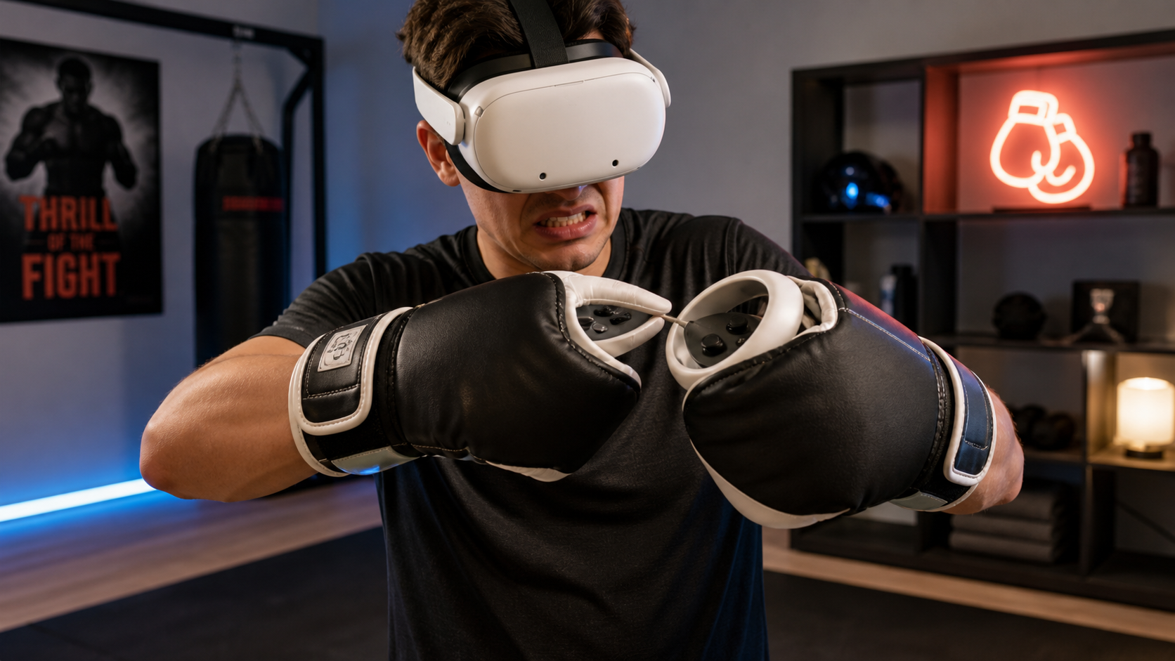 A person wearing bulky VR boxing gloves struggling to press the small menu button on their Meta Quest controller