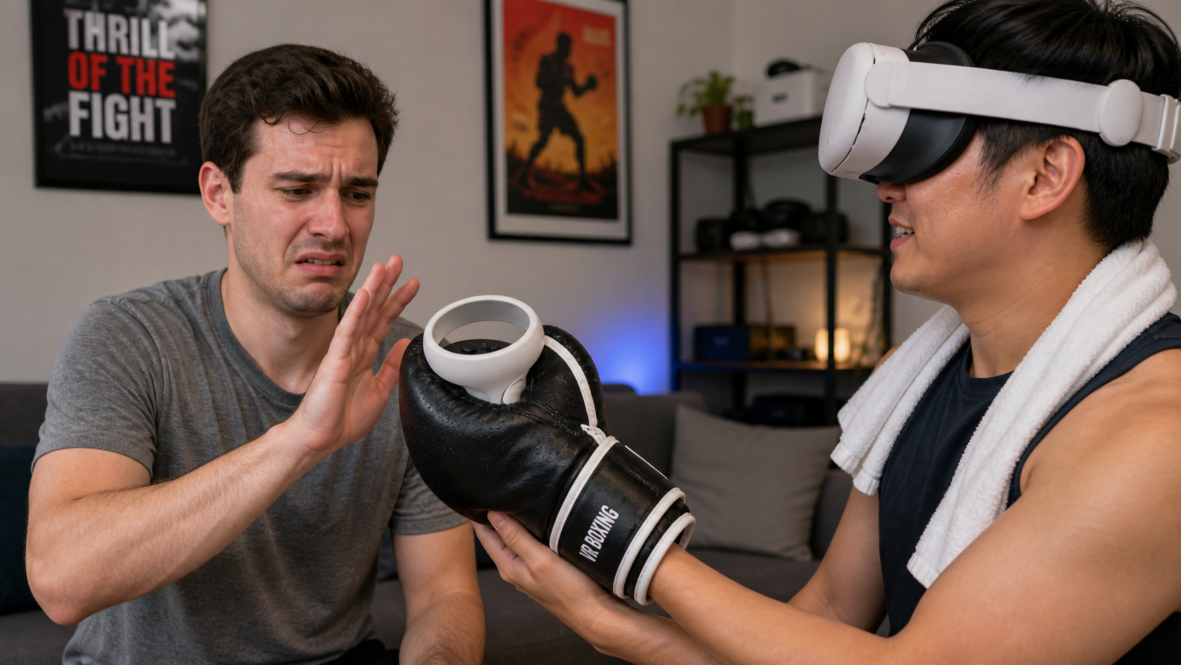Two friends sharing a VR headset, one hesitates to take the controller wrapped in a sweaty-looking boxing glove