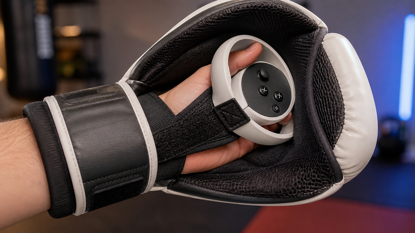 A close-up photo showing my own hand inside the VR boxing glove, highlighting the fit around the palm and controller