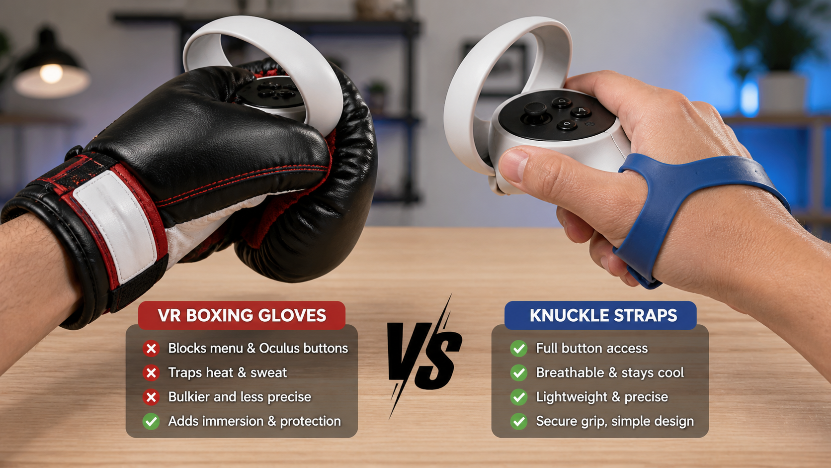 A side-by-side comparison of a Quest controller with a full VR boxing glove and another with a simple silicone knuckle strap