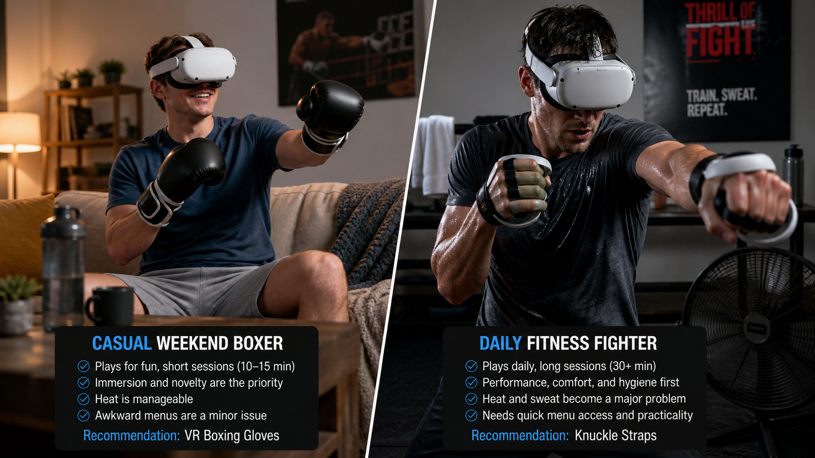 A split image showing a relaxed casual gamer on one side and an intense, sweaty daily VR boxer on the other