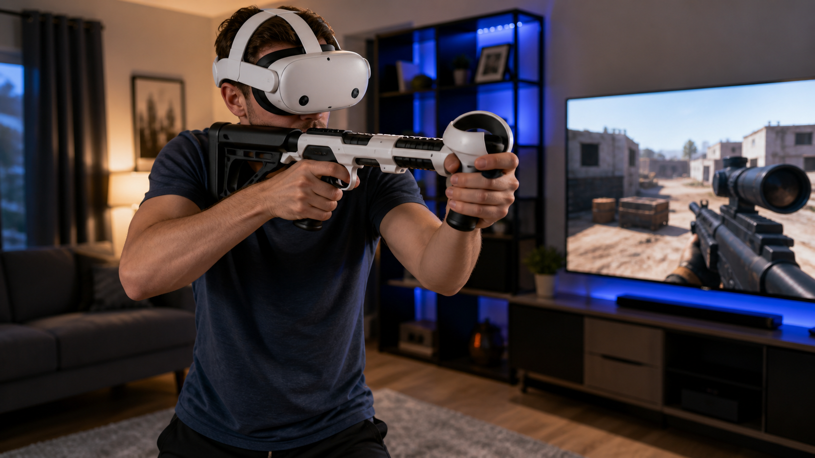 A competitive VR player in their living room aims down sights with a VR gunstock attached to their controllers.