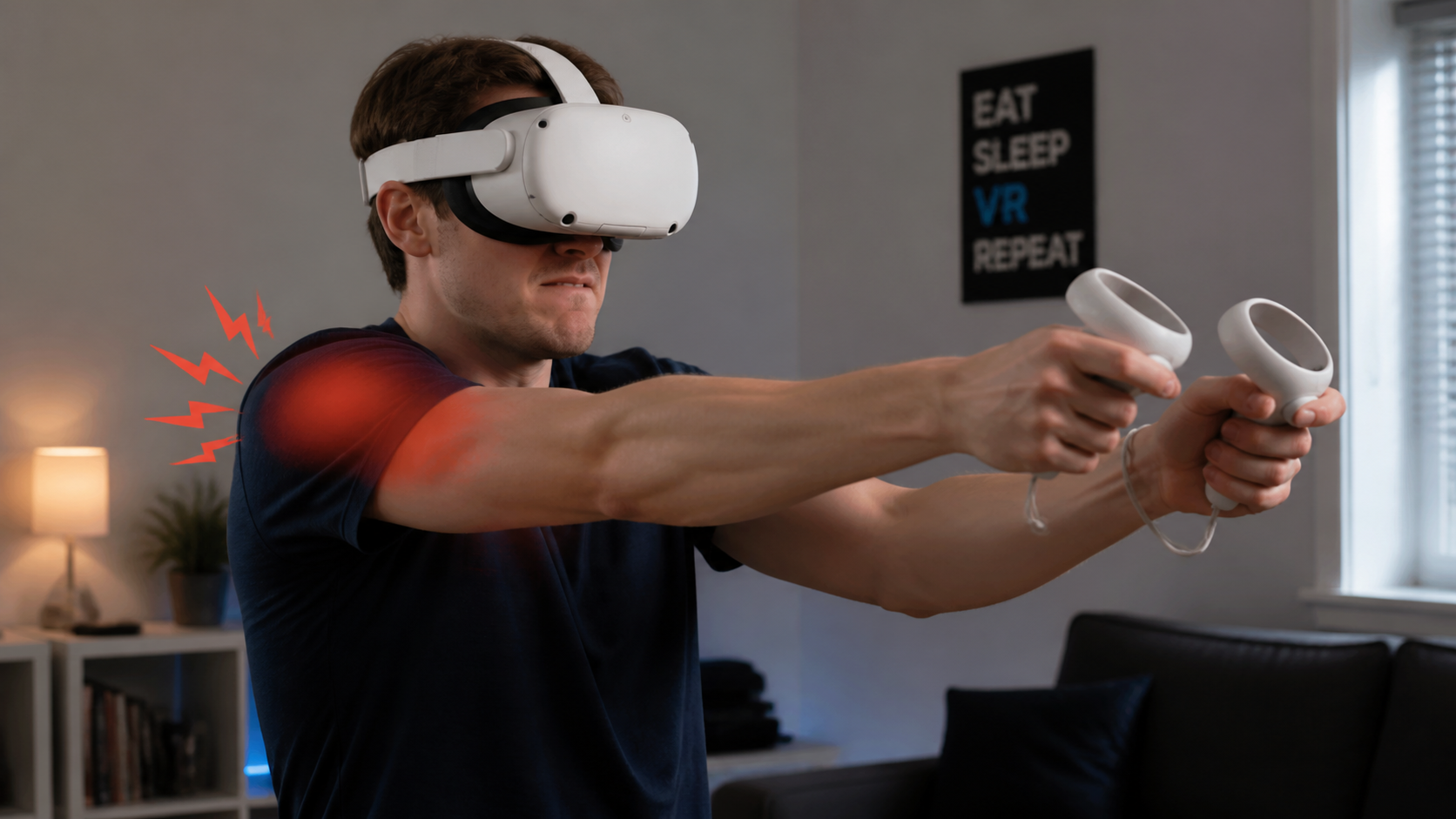 A VR player holding only the Meta Quest 3S controllers, showing the muscle strain of unsupported aiming.