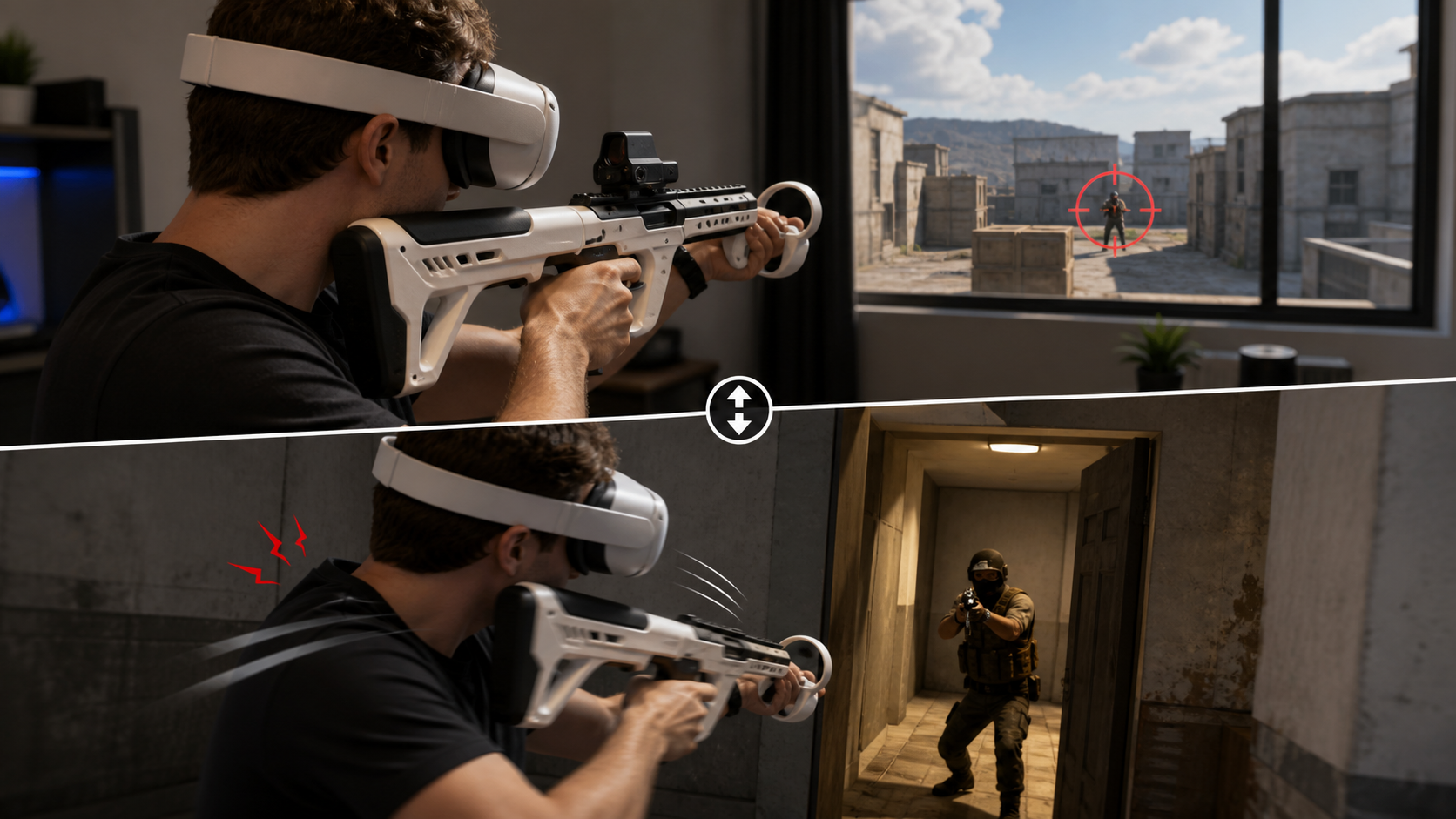 A split image showing a VR player easily aiming at a distant target and then struggling to turn on a close enemy.
