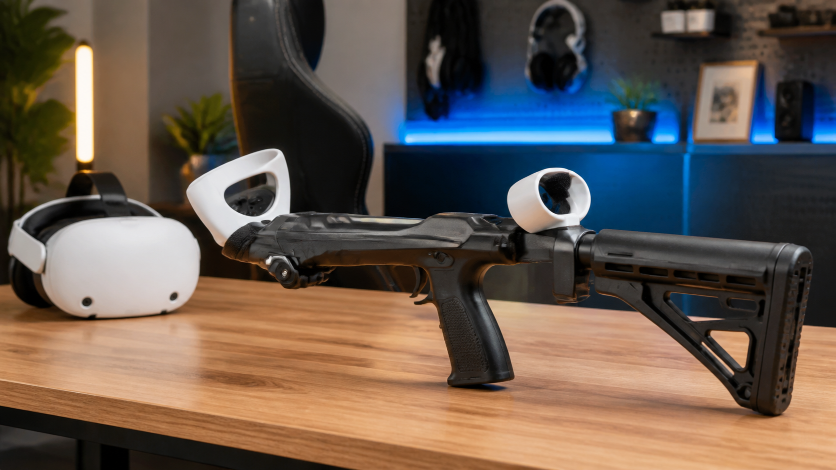 A VR gunstock accessory sits on a desk next to a headset, part of a daily gaming setup.