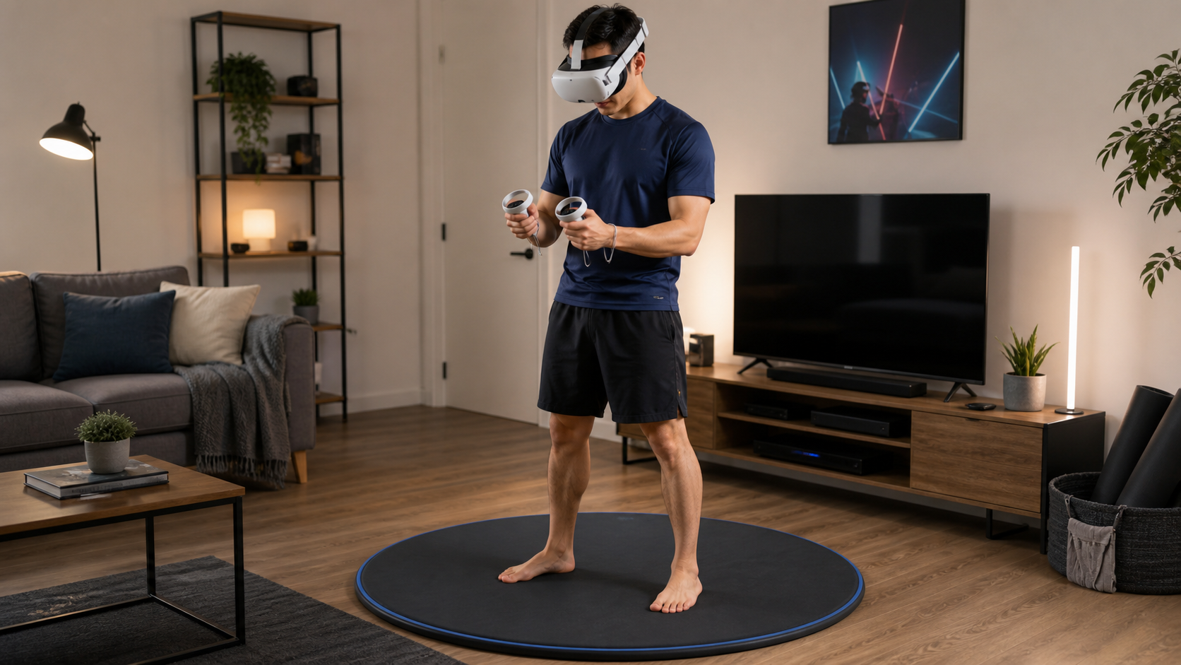 A VR gamer stands on a round VR mat in a living room, setting up the Quest Pro controllers.