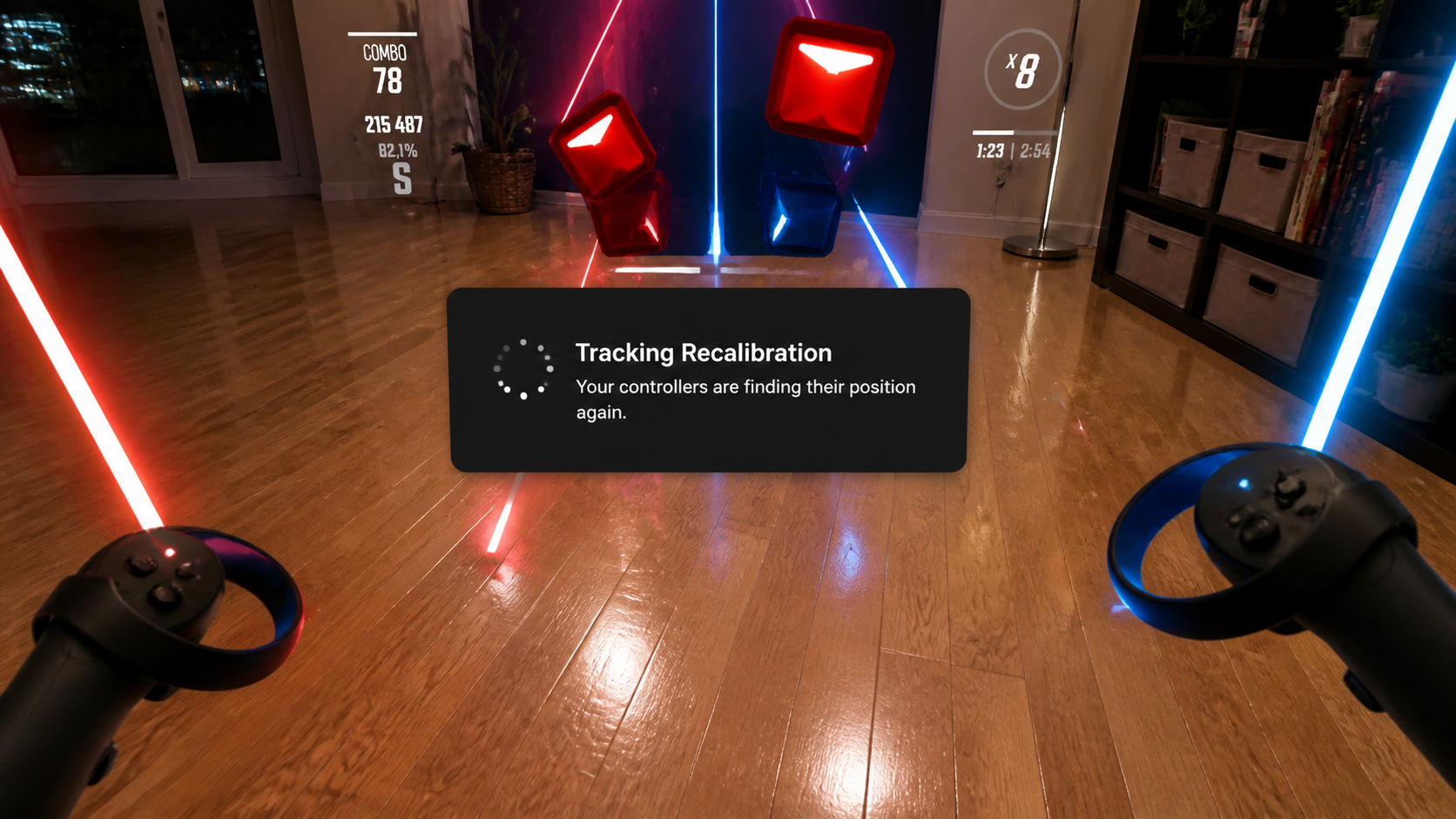 In-headset view of a tracking recalibration message appearing over a mixed reality game on a shiny hardwood floor.