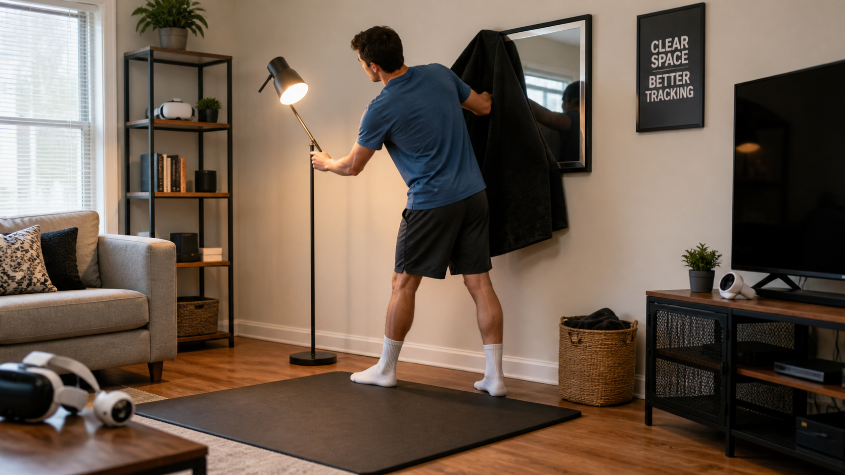 A person trying to fix VR tracking by adjusting a floor lamp and removing reflective items from the wall.