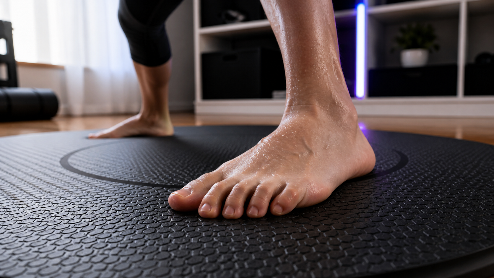 A close-up of a person's bare feet gripping a textured VR mat during an intense fitness game.