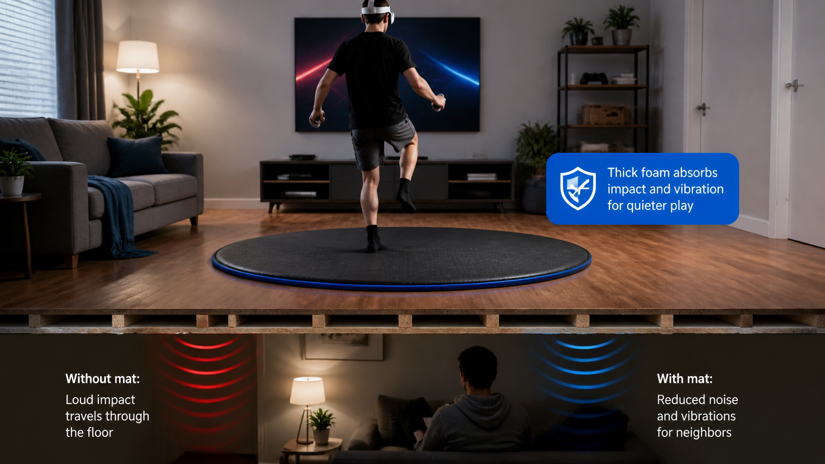 A VR mat placed on a wooden apartment floor, showing how it dampens sound and vibrations for neighbors below.