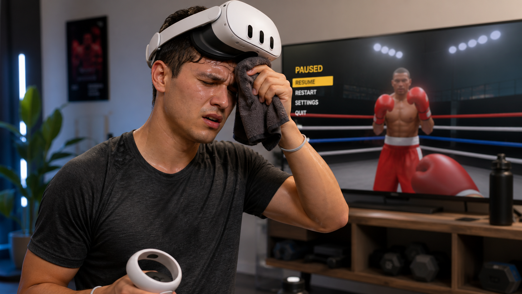A VR gamer looks frustrated while pausing an intense boxing game to wipe sweat from their brow.