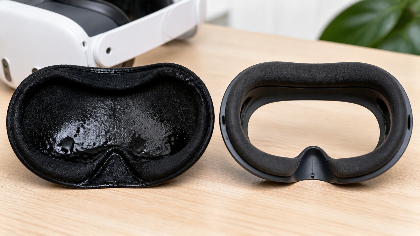 A side-by-side view showing a sweat-drenched VR mask next to the nearly dry Meta Quest 3 facial interface.