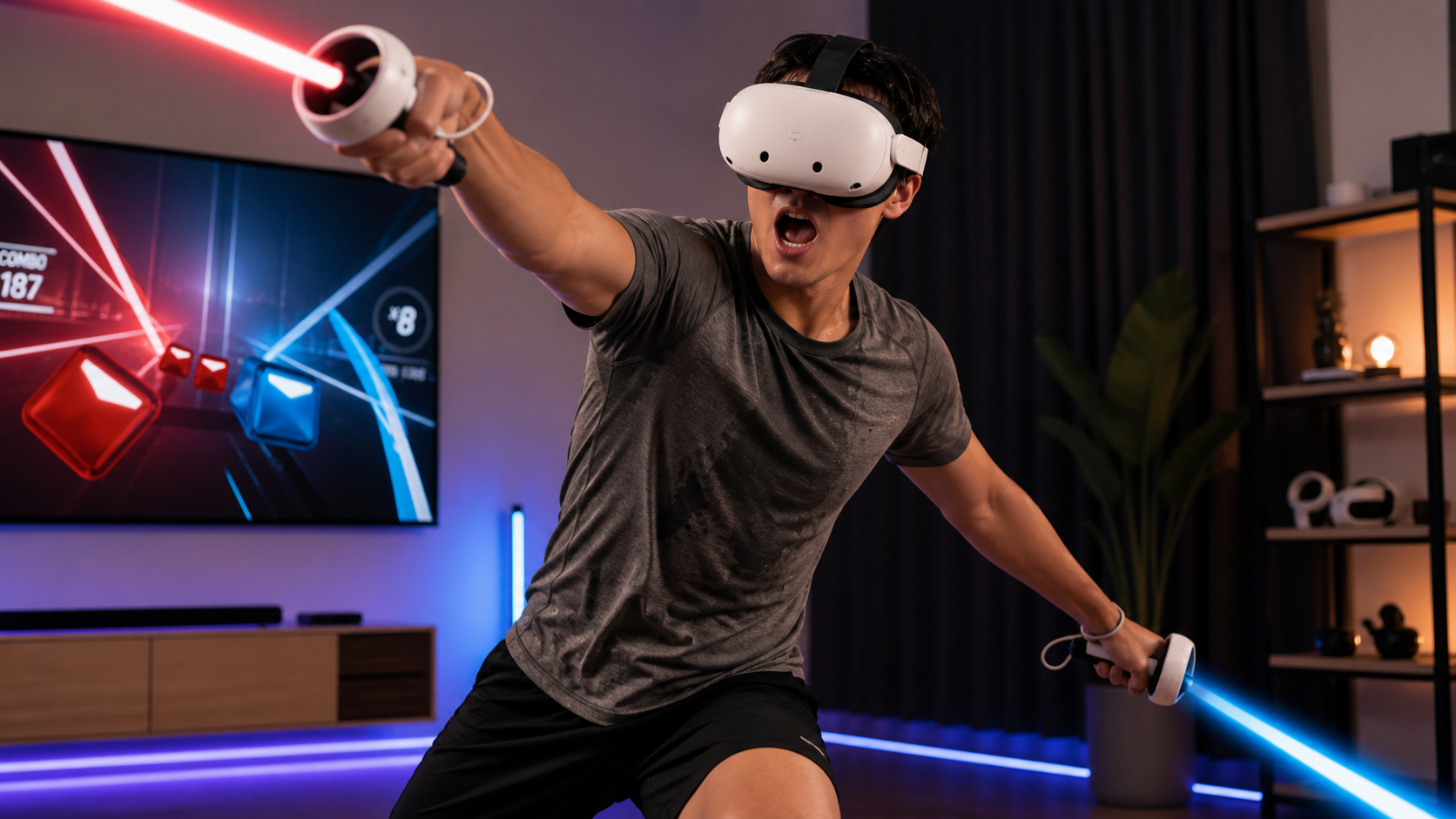 A person intensely playing a VR rhythm game, their body in motion as they swing their arms.