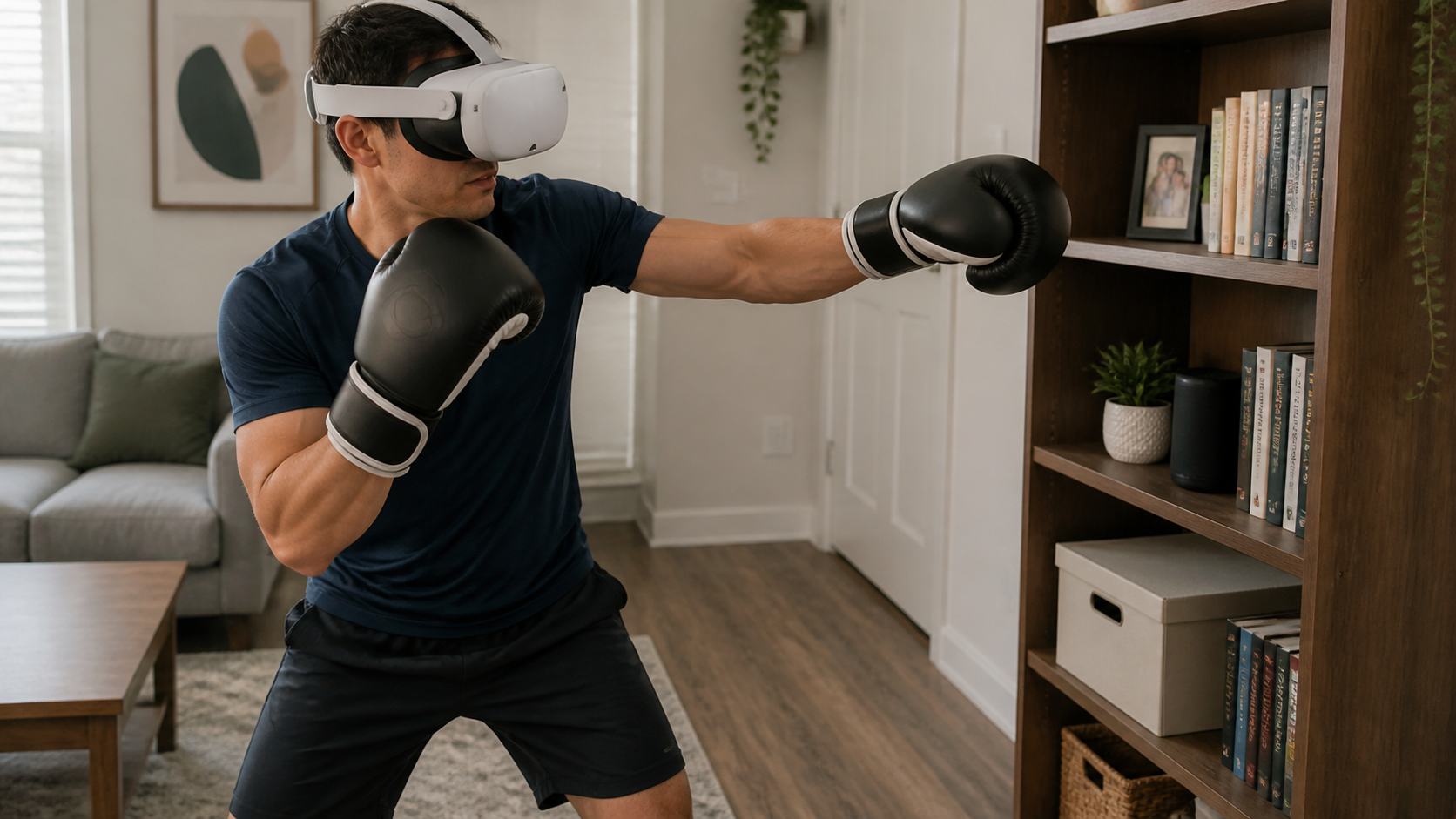 A person wearing VR boxing gloves cautiously swings their arm near a wooden bookshelf in a compact living room space.