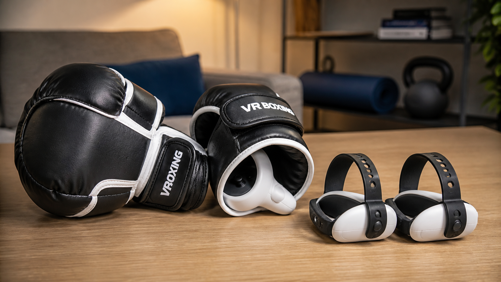A pair of VR boxing gloves sits on a table next to a simple set of silicone controller knuckle straps.