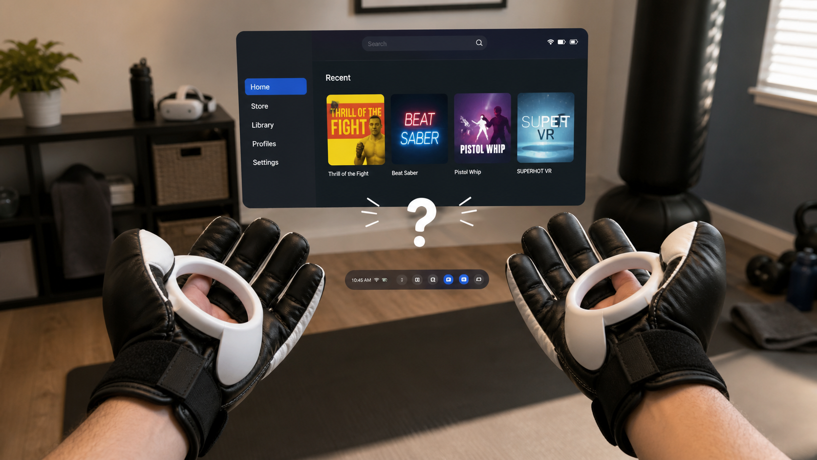 A person's hands wearing VR boxing gloves looking slightly confused at a floating menu after a workout.