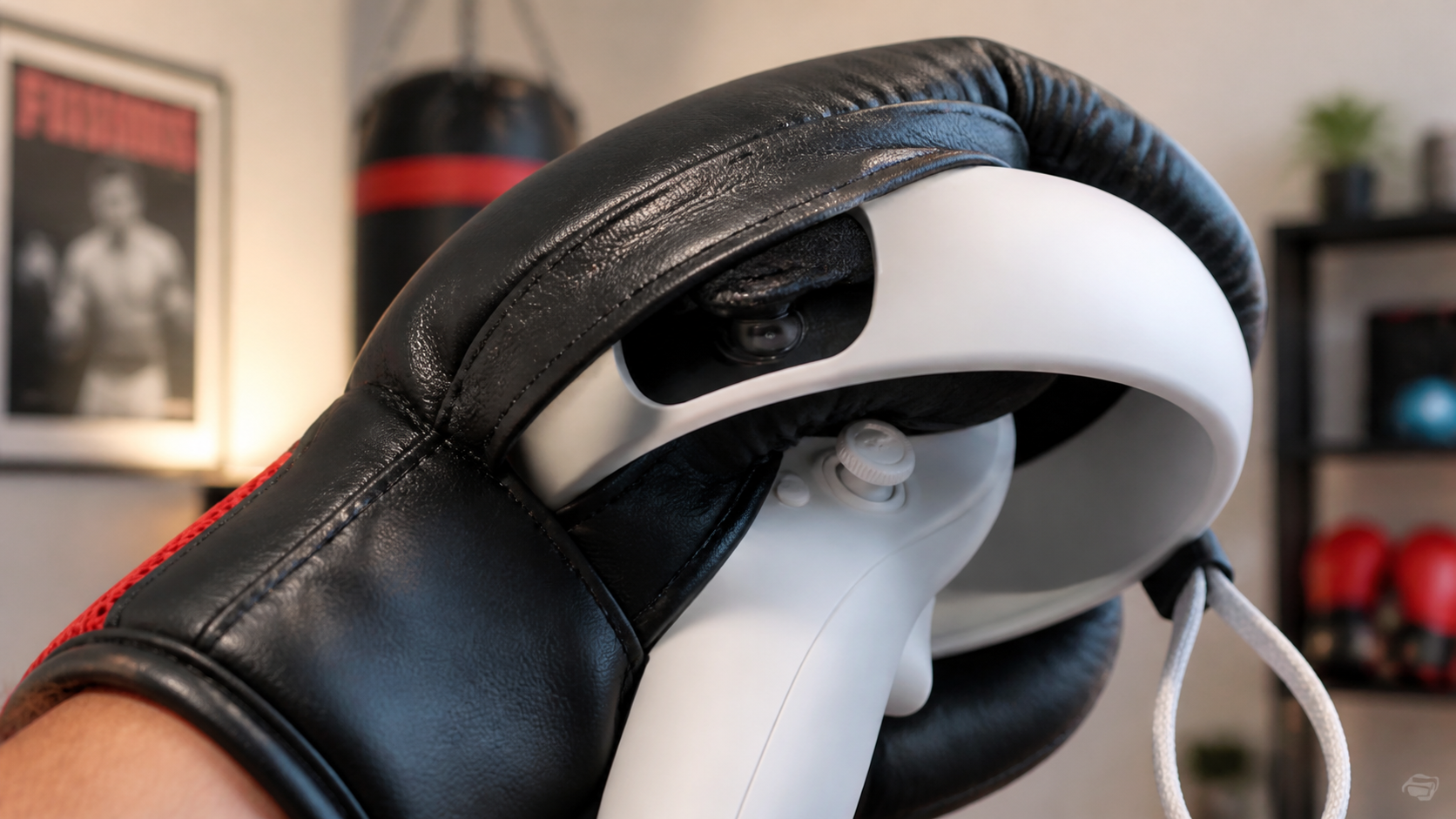 Close-up of a VR controller with a boxing glove, showing how the material slightly covers a tracking sensor.