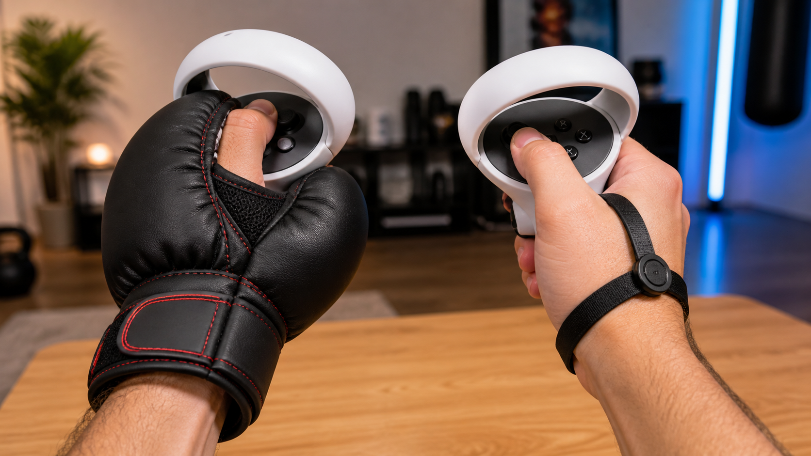 Side-by-side view of a hand with a VR boxing glove and another with a simple knuckle strap.