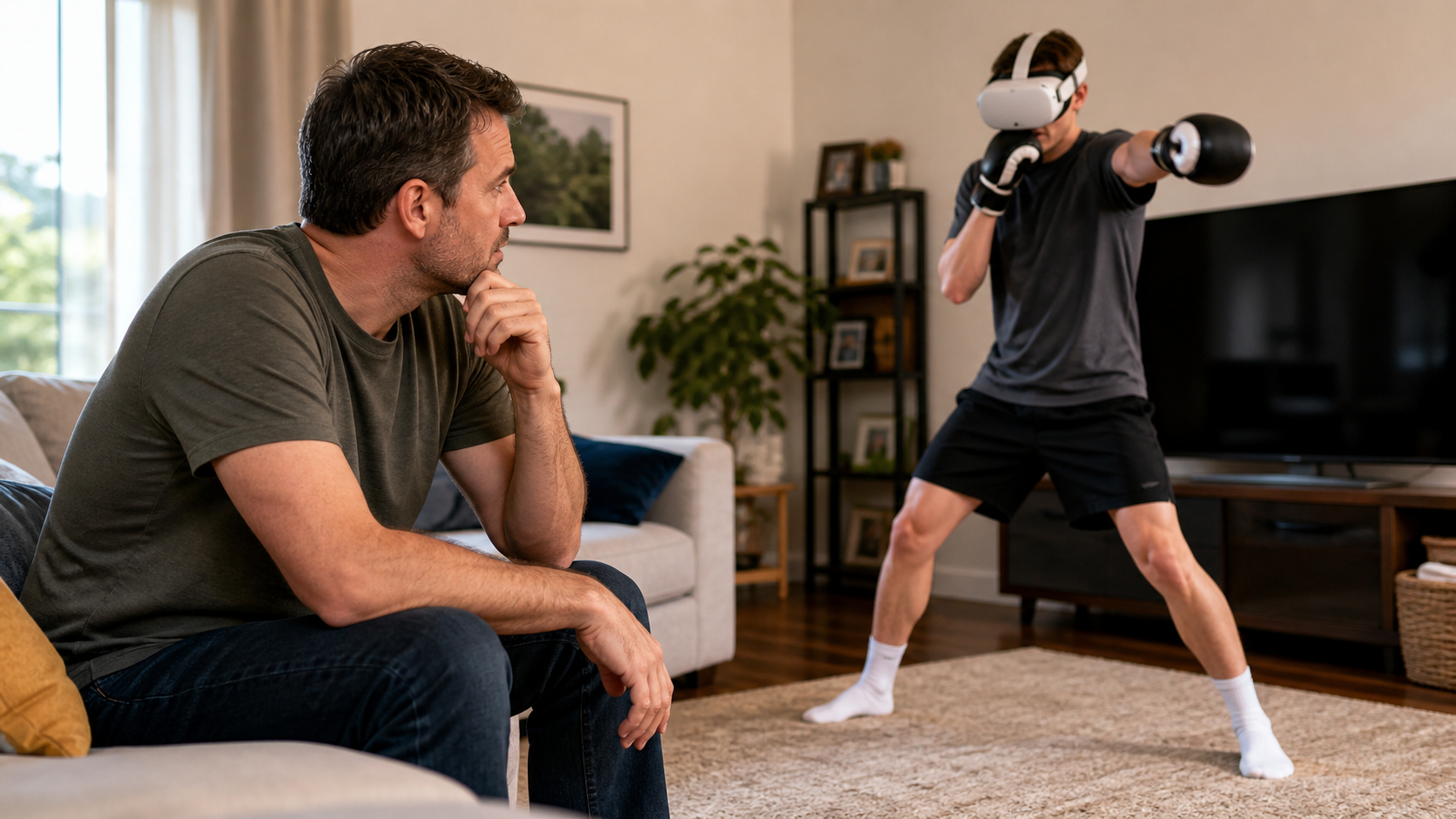 A parent watching their child play a VR boxing game in the living room with a concerned look.