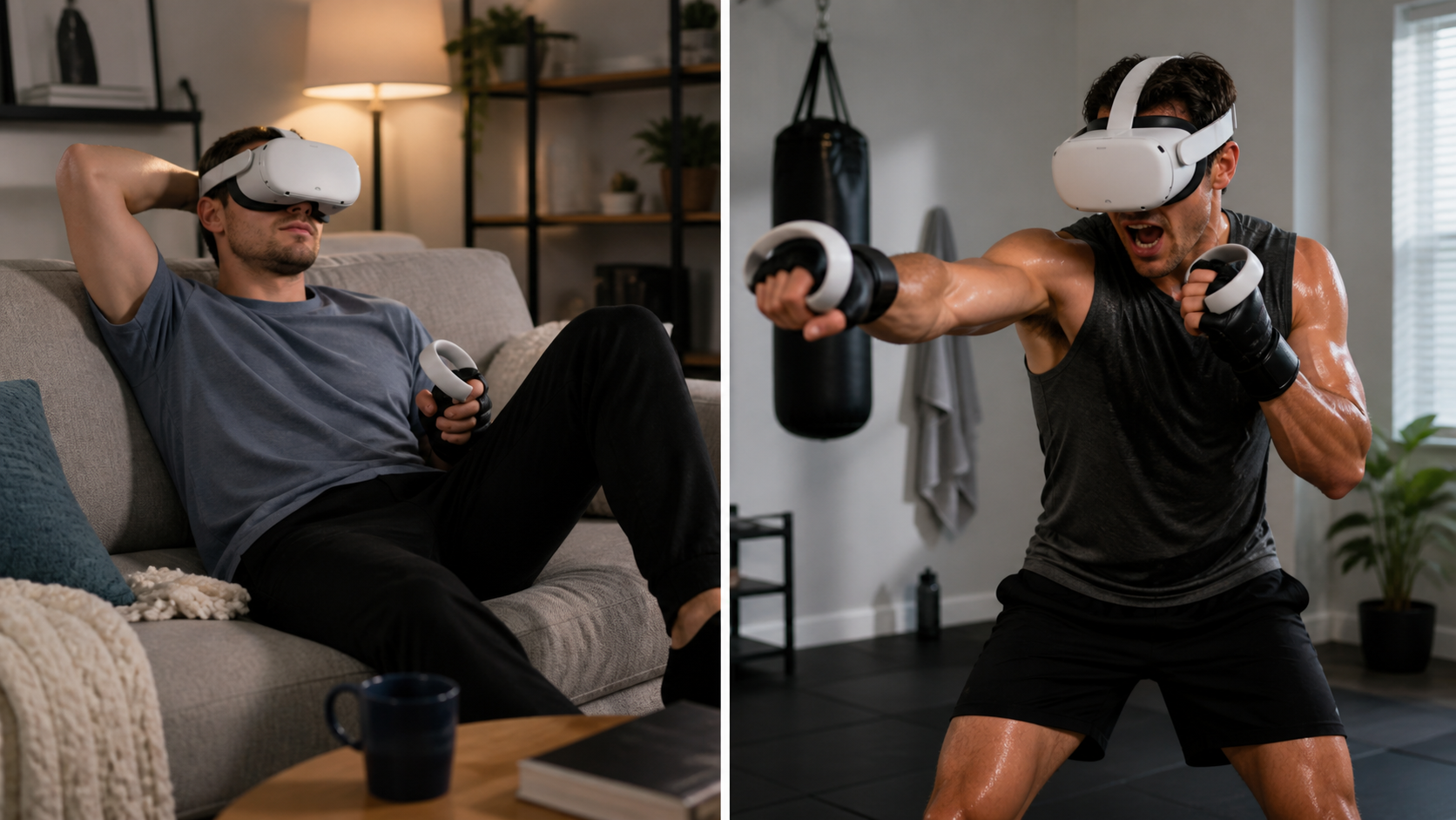 Split screen showing a casual gamer relaxing and a daily player sweating intensely during a VR workout.