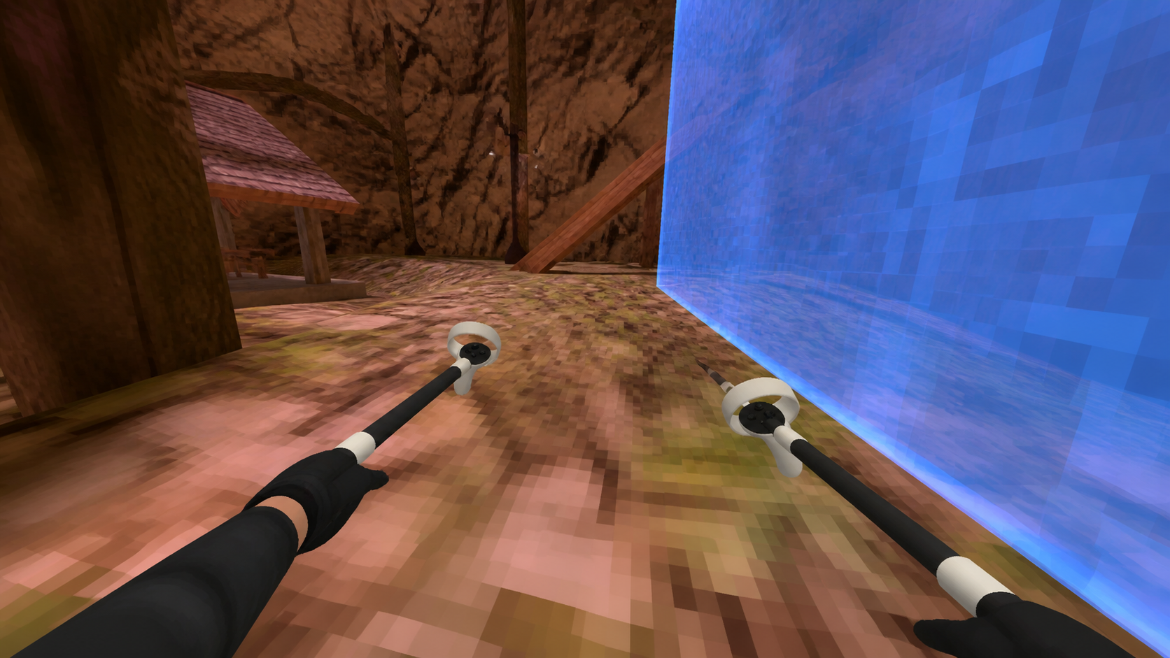 A VR player's first-person view in Gorilla Tag using long arm accessories, nearly hitting the blue guardian boundary wall.