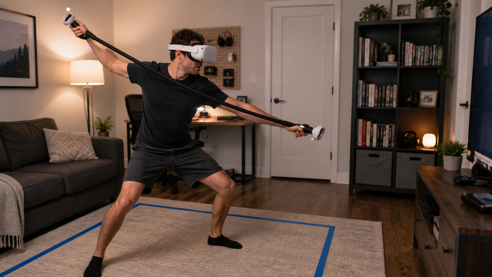 VR gamer cautiously swinging long arm controllers in a small living room, highlighting the need for room safety awareness.