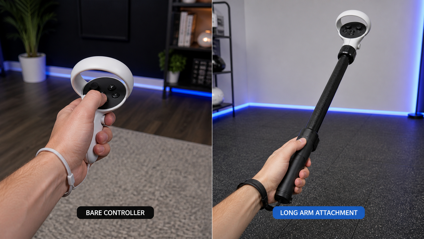 Split-screen comparison of a standard VR controller versus a controller fitted with a long arm extension for Gorilla Tag.