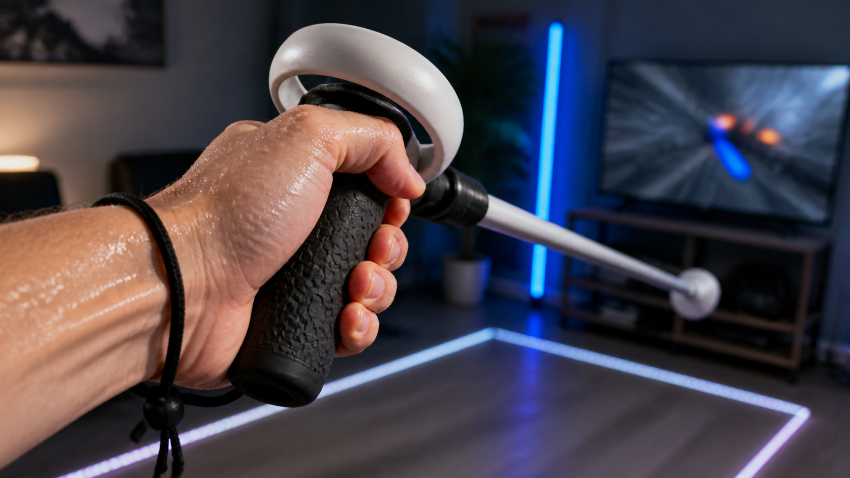 Close-up of a hand securely holding the textured grip of a VR long arm accessory during an intense gaming session.