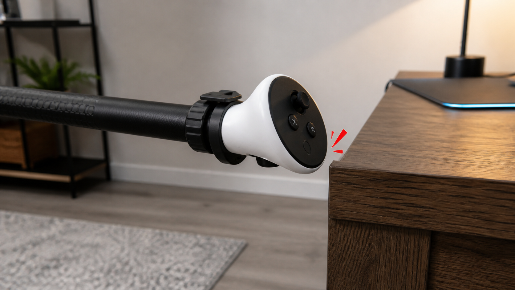 A ringless Meta Quest 3 controller with a long arm attached dangerously close to hitting the corner of a desk.